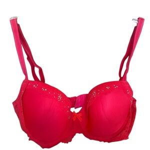 Victoria's Secret Red Rhinestone Dream Angels Lined Demi Bra 34D Red Lace As Is